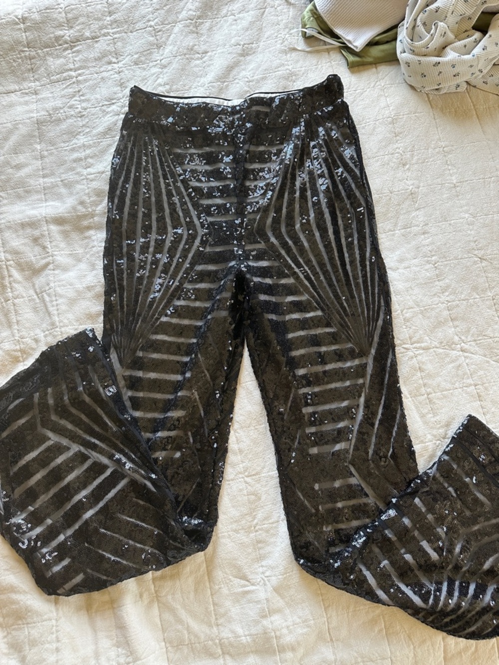 Black Sequin Patterned Wide-Leg Pants